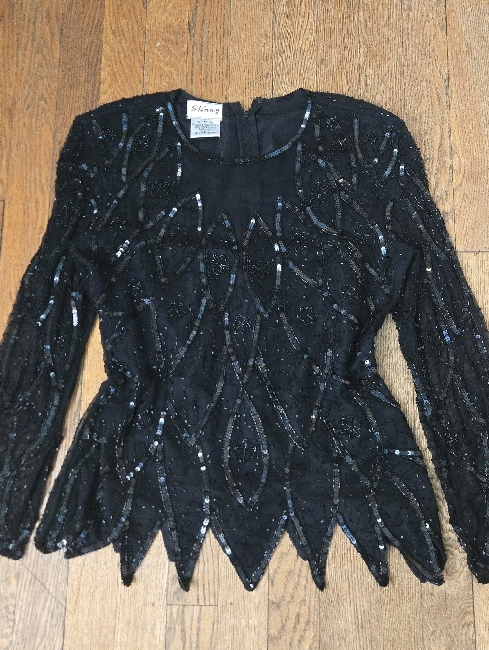 Stenay 1990s black silk chiffon long sleeve sequin top with pointy irregular hem